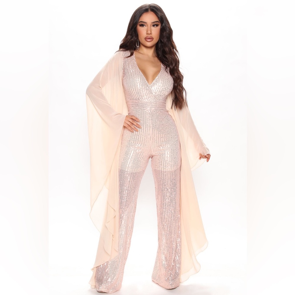 V-Neck Sequin Jumpsuit with Cape
